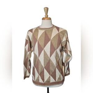Vtg Geometric Metallic Sweater L Gold Lurex Shimmer Retro Triangle Pattern 80s